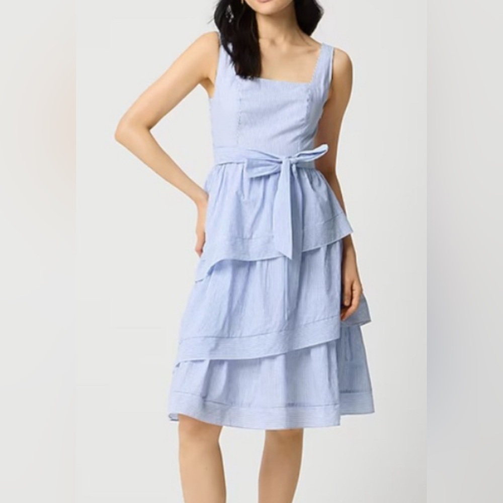 J. Crew Light Blue/White Stripe Sleeveless Belted Tiered Midi Dress - Size 8